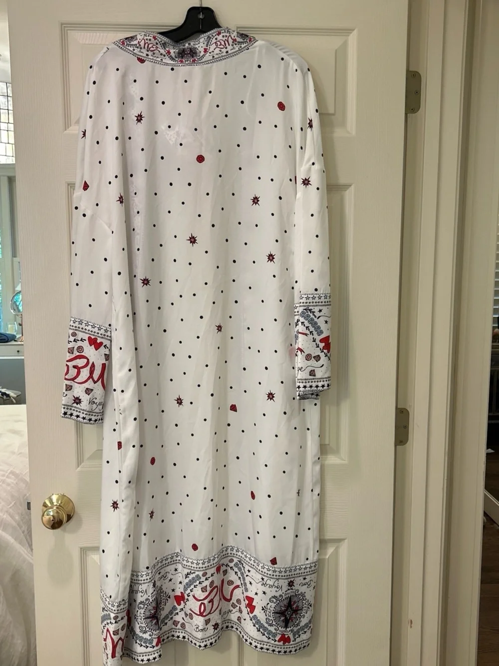 Badgley Mischka White Printed Long Robe with Red & Navy Accents - Picture 3 of 5